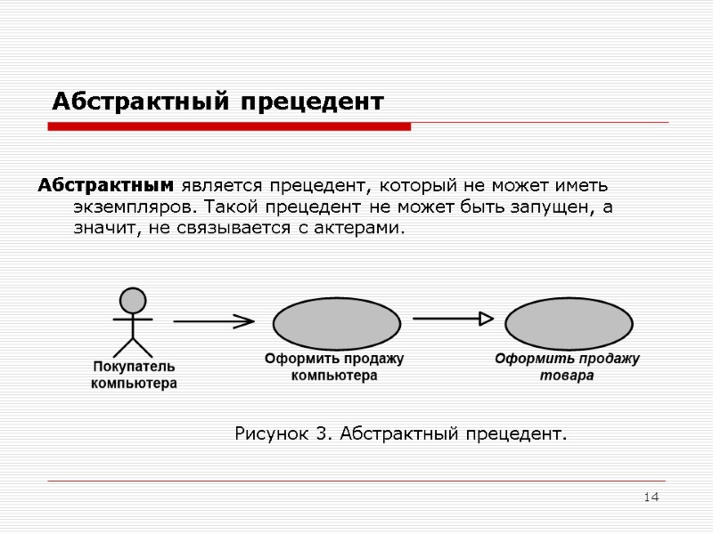 14 Абстрактным является прецедент, который не может иметь экземпляров. Такой прецедент не может быть